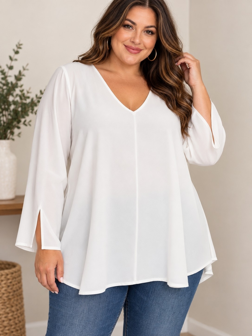 A218. LYSSE Slit Sleeve V-Neck Blouse in White Size 1X